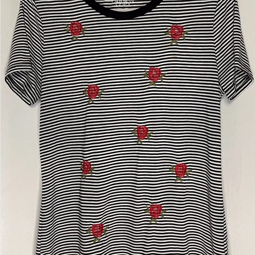 Striped Short Sleeve Tee with Red Rose Embroidery - Black/White